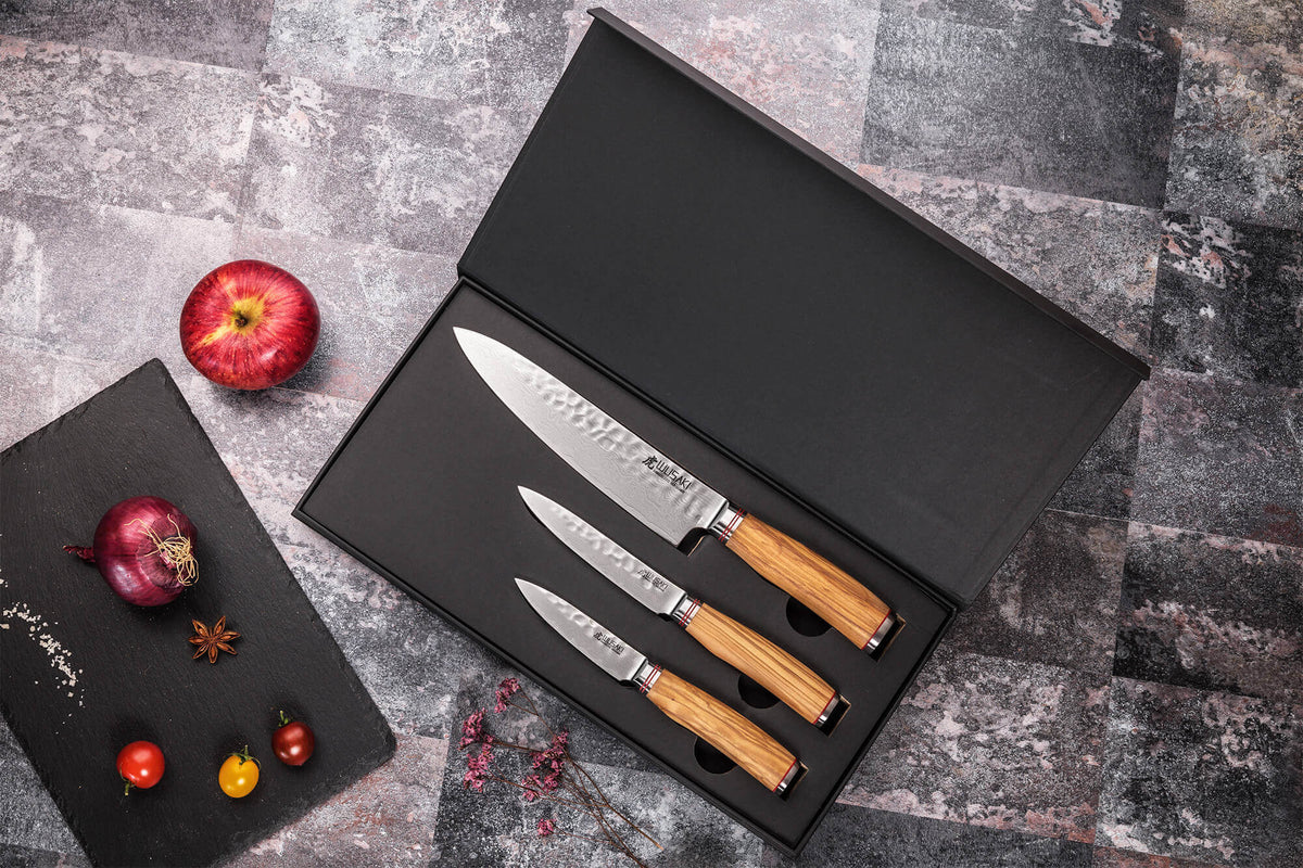 Coffret couteaux Wusaki Damas Olive 10Cr 1 Chef + 1 Universel + 1 Office