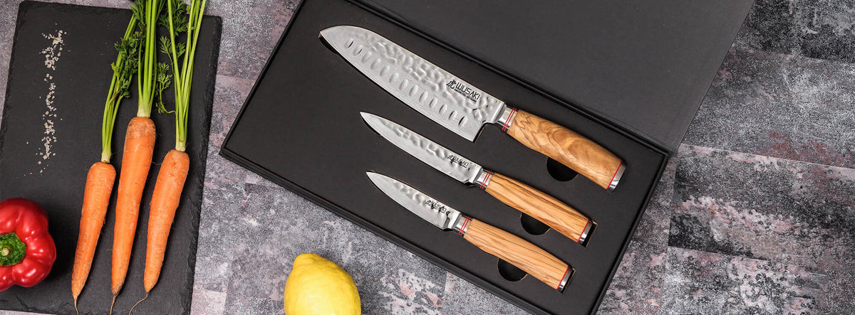 Coffret couteaux Wusaki Damas Olive 10Cr 1 Santoku + 1 Universel + 1 Office