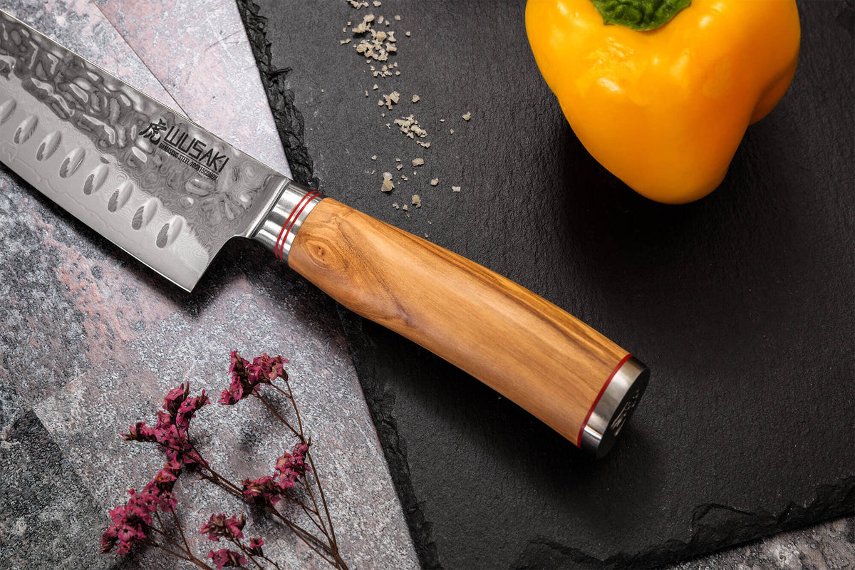 Coffret couteaux Wusaki Damas Olive 10Cr 1 Santoku + 1 Universel + 1 Office