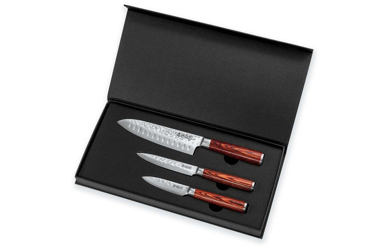Coffret couteaux Wusaki Pakka X50 1 santoku 1 universel et 1 office