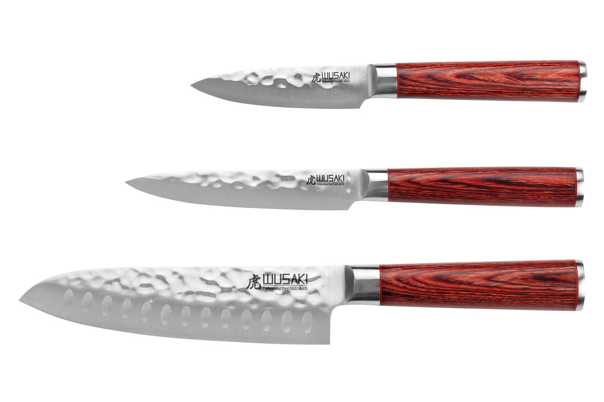 Coffret couteaux Wusaki Pakka X50 1 santoku 1 universel et 1 office