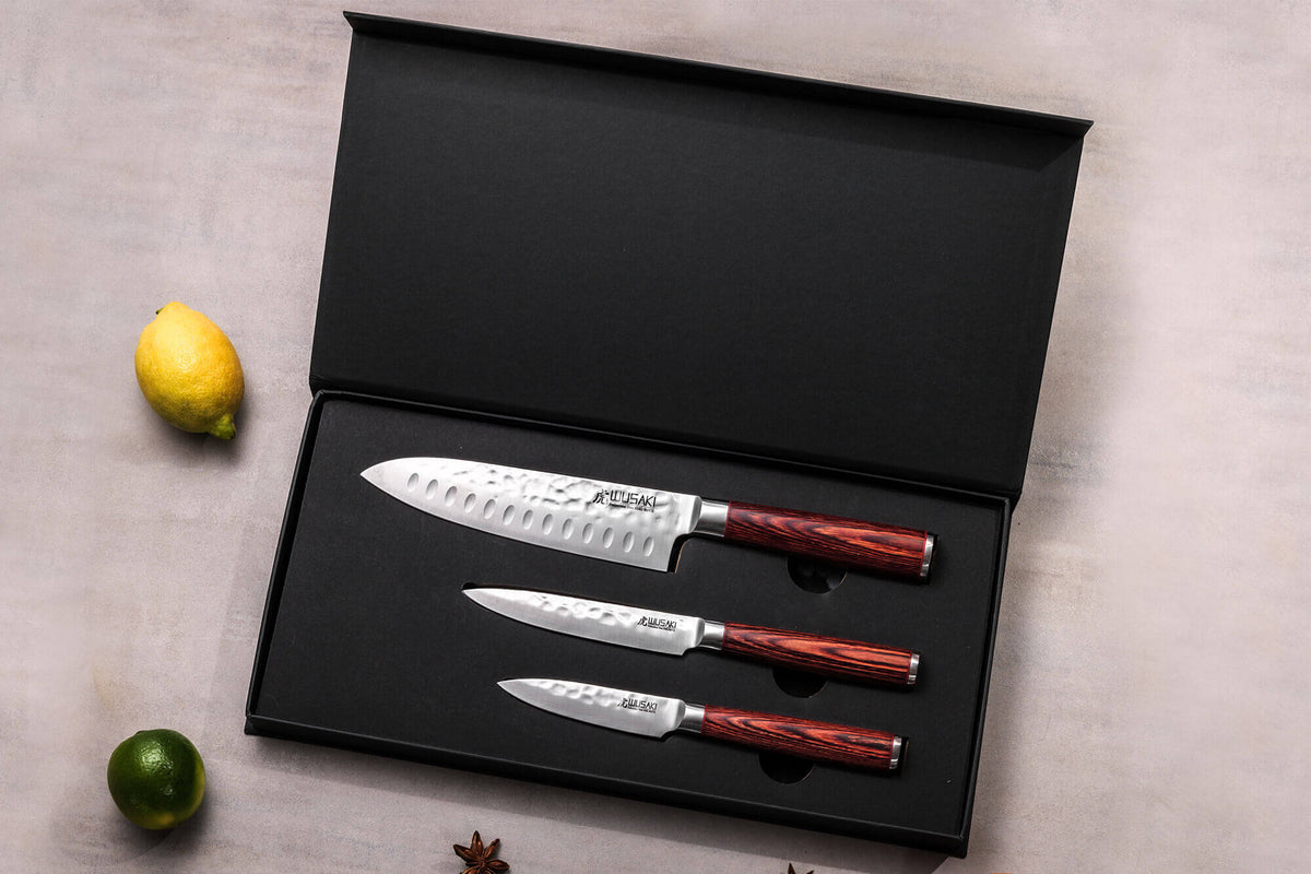 Coffret couteaux Wusaki Pakka X50 1 santoku 1 universel et 1 office