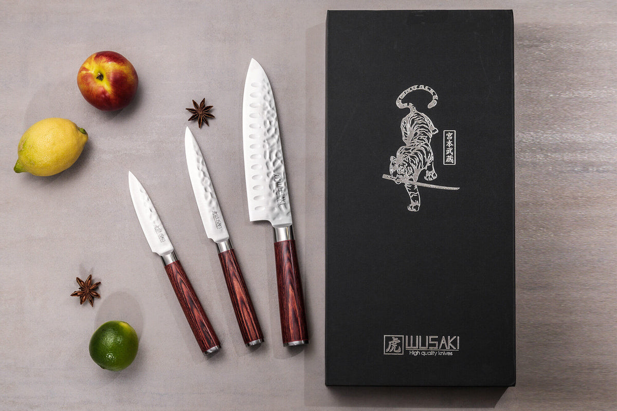 Coffret couteaux Wusaki Pakka X50 1 santoku 1 universel et 1 office