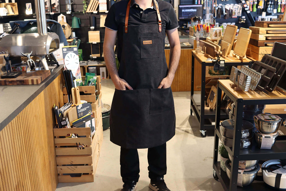 Wusaki Kitchen Apron Black Canvas and Leather