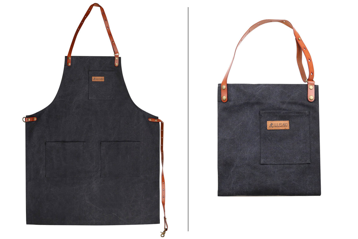 Tablier de cuisine Wusaki en toile noire et cuir