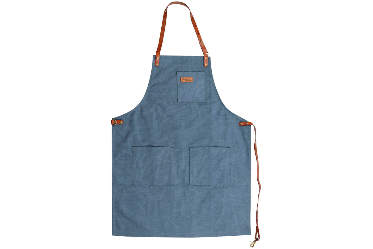 Tablier de cuisine Wusaki en toile bleue et cuir