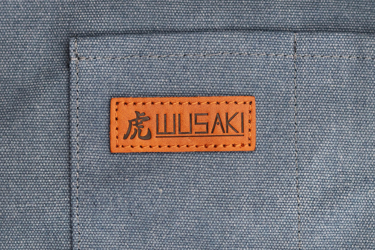 Tablier de cuisine Wusaki en toile bleue et cuir