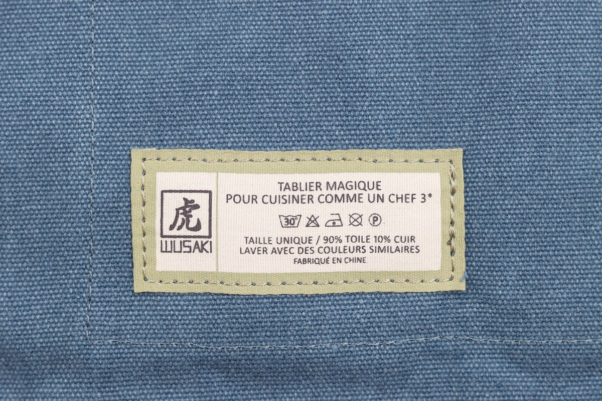 Tablier de cuisine Wusaki en toile bleue et cuir