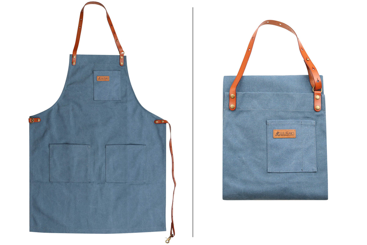 Tablier de cuisine Wusaki en toile bleue et cuir
