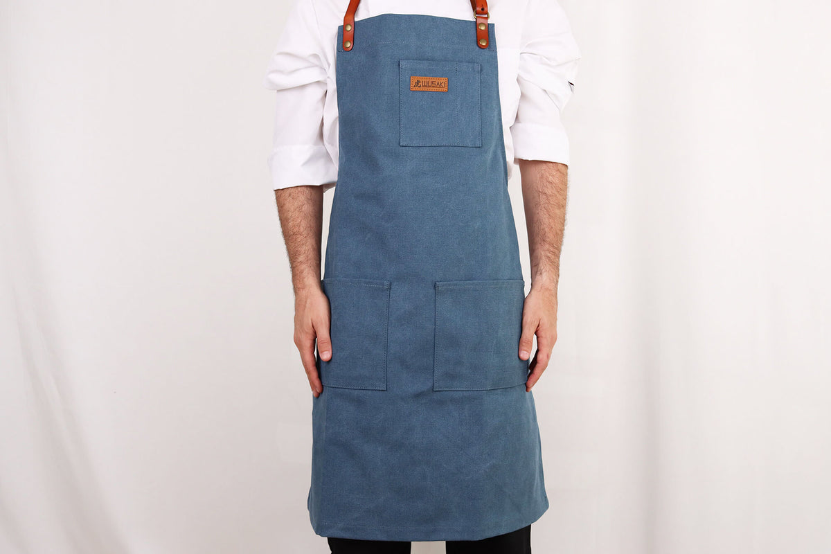 Tablier de cuisine Wusaki en toile bleue et cuir