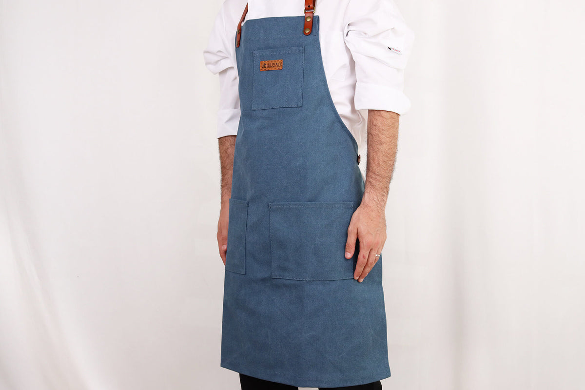 Tablier de cuisine Wusaki en toile bleue et cuir