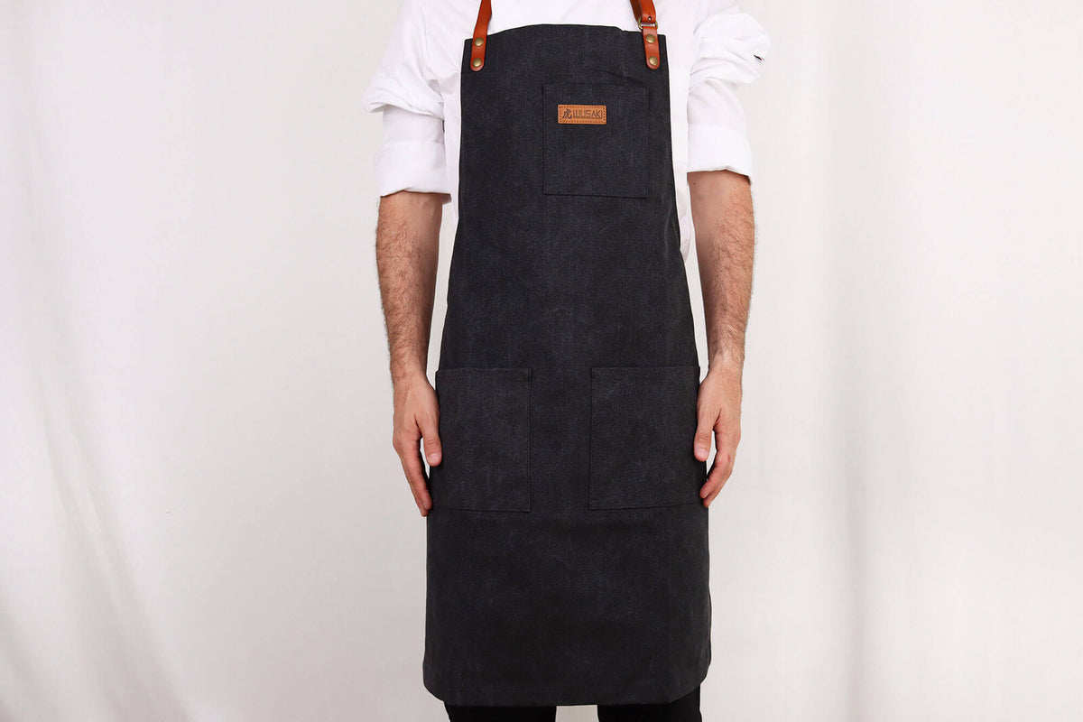 Wusaki Kitchen Apron Black Canvas and Leather
