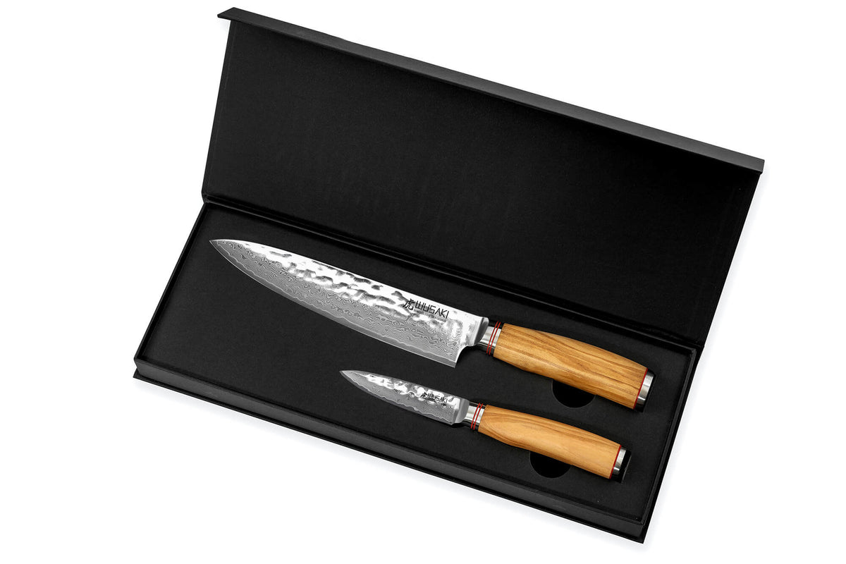 Coffret couteaux Wusaki Damas Olive 10Cr 1 Chef + 1 Office