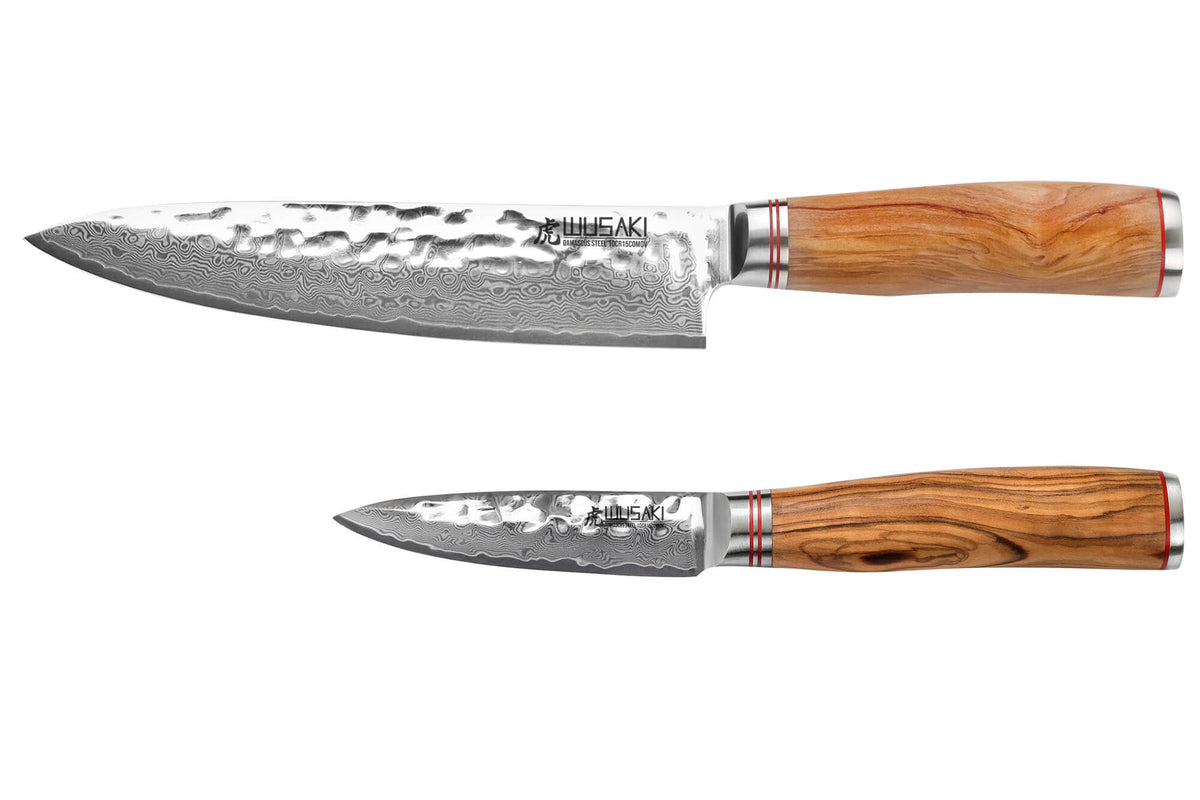 Coffret couteaux Wusaki Damas Olive 10Cr 1 Chef + 1 Office