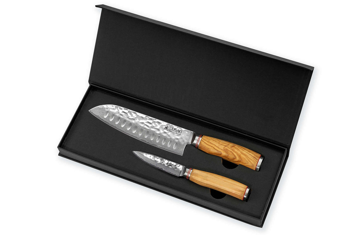 Coffret couteaux Wusaki Damas Olive 10Cr 1 Santoku + 1 Office