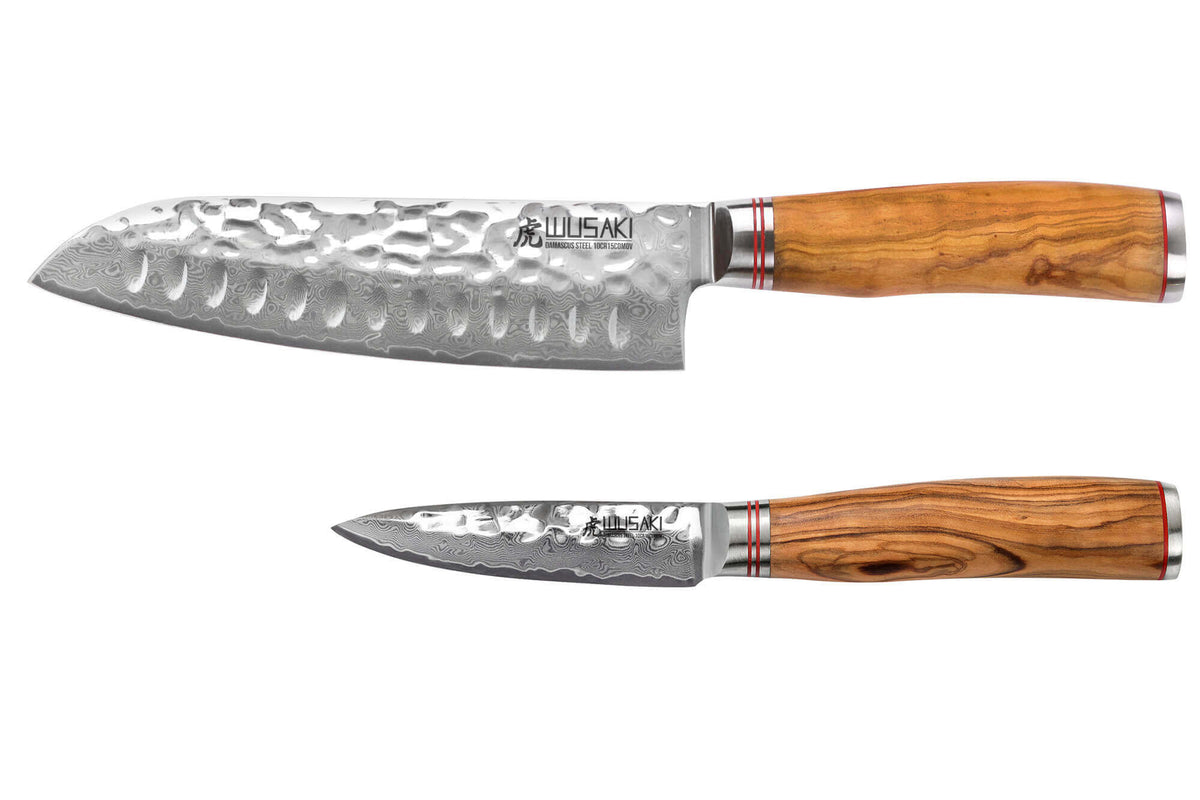 Coffret couteaux Wusaki Damas Olive 10Cr 1 Santoku + 1 Office