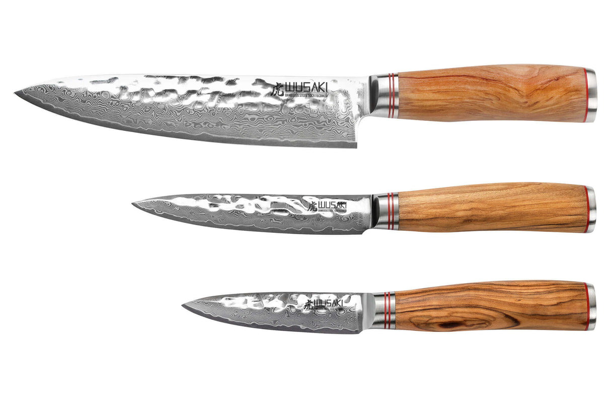 Coffret couteaux Wusaki Damas Olive 10Cr 1 Chef + 1 Universel + 1 Office