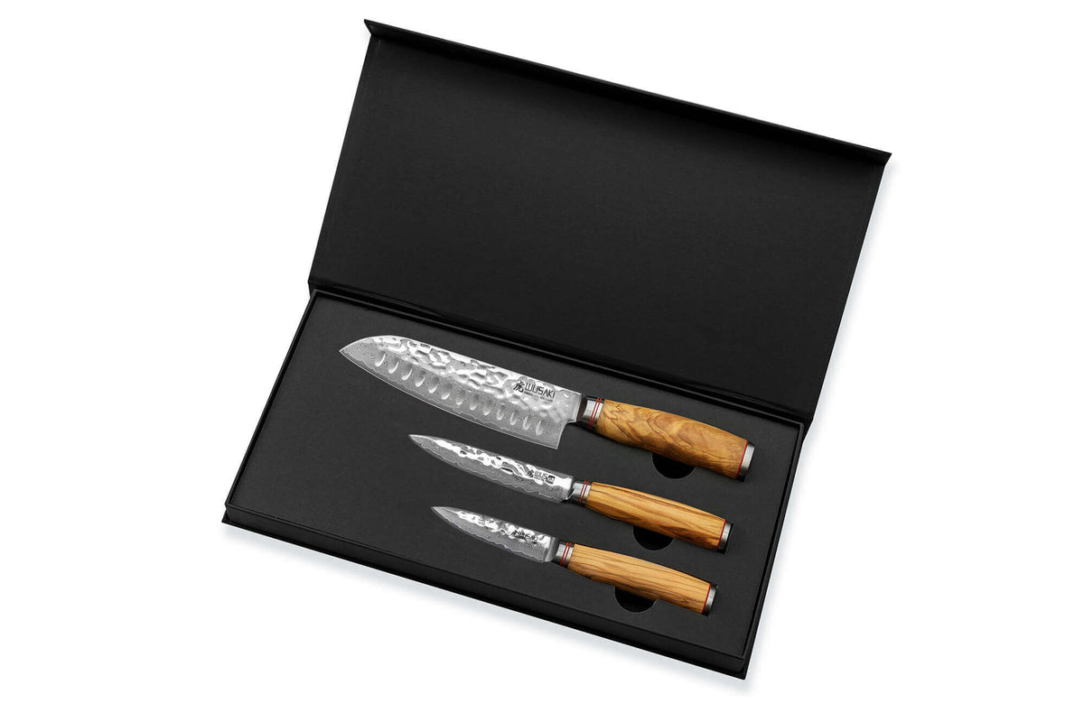 Coffret couteaux Wusaki Damas Olive 10Cr 1 Santoku + 1 Universel + 1 Office
