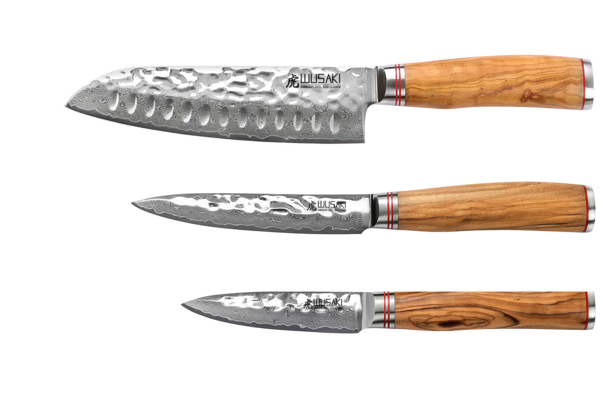 Coffret couteaux Wusaki Damas Olive 10Cr 1 Santoku + 1 Universel + 1 Office